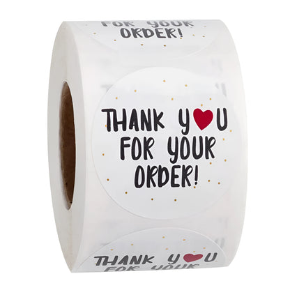 Roll of 500 round thank you for ordering stickers, 2.5cm white copper plate labels for parcels and bags