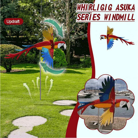 Charming parrot-shaped wind spinner with vibrant colours and graceful movement, perfect for adding whimsical charm to any garden or outdoor space.