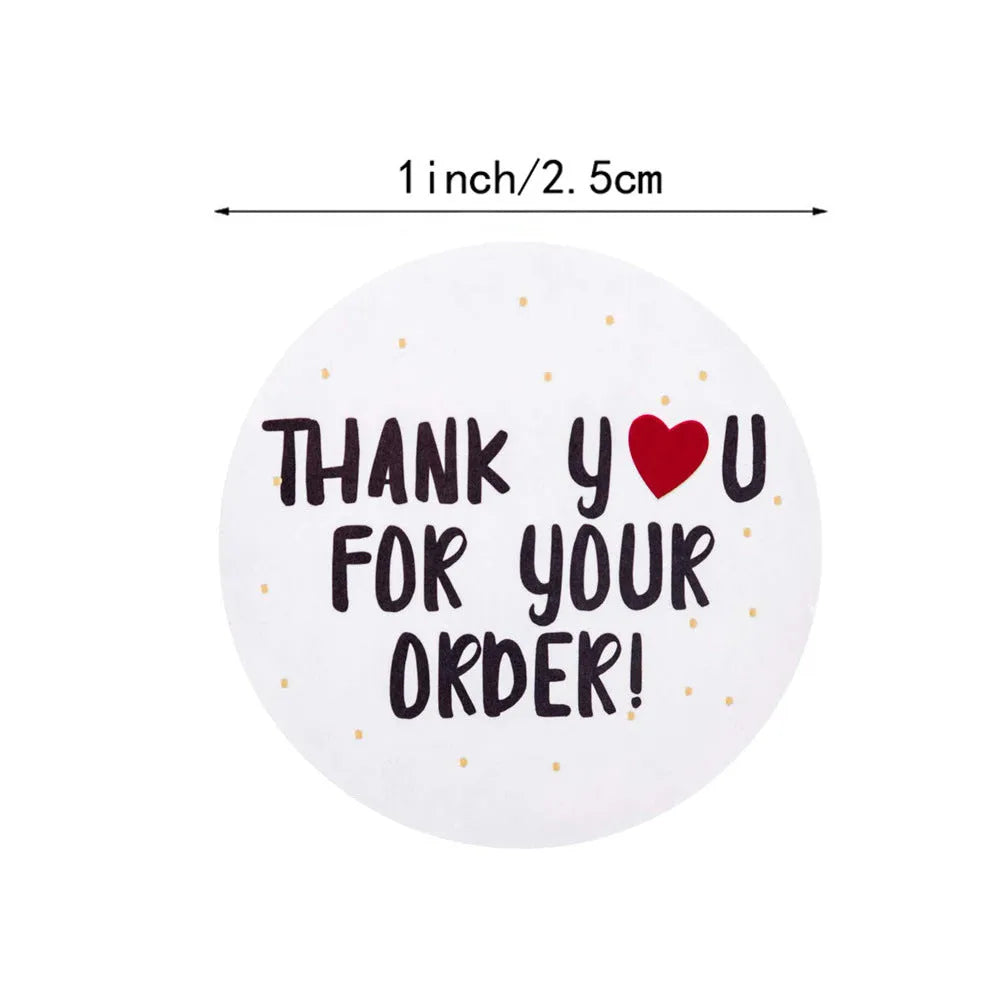 Roll of 500 round thank you for ordering stickers, 2.5cm white copper plate labels for parcels and bags