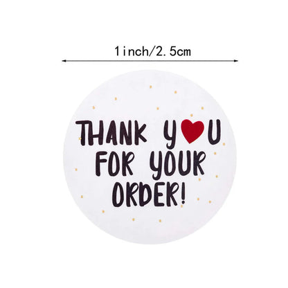 Roll of 500 round thank you for ordering stickers, 2.5cm white copper plate labels for parcels and bags