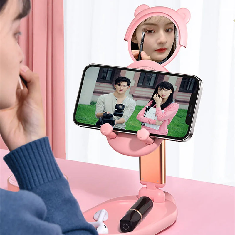 Apple-compatible adjustable desk phone holder tablet stand for iPhone iPad with built-in mirror, portable foldable stand with non-slip silicone bottom and angle adjustment for phones and tablets up to 12.9 inches, available in blue white pink