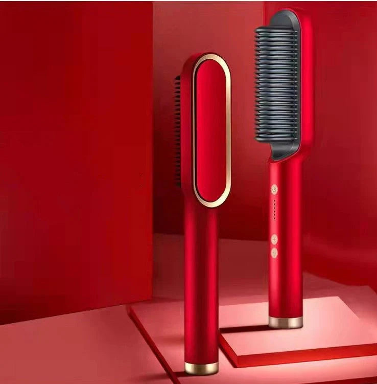 Red 2-in-1 hair straightener and hot comb with tourmaline ceramic plates and digital temperature display