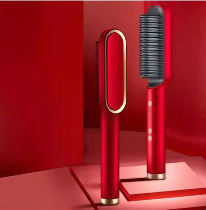 Red 2-in-1 hair straightener and hot comb with tourmaline ceramic plates and digital temperature display