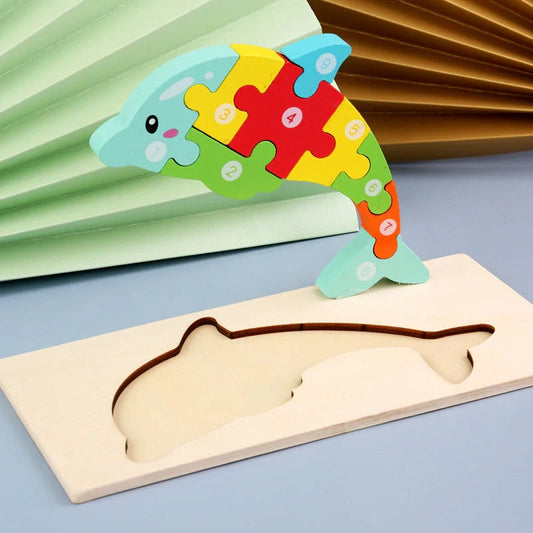 A charming wooden puzzle featuring a variety of cartoon animal designs, including a steamship, aircraft, dinosaur, and more.