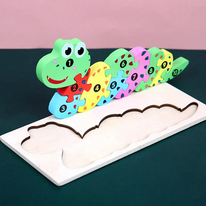 A charming wooden puzzle featuring a variety of cartoon animal designs, including a steamship, aircraft, dinosaur, and more.