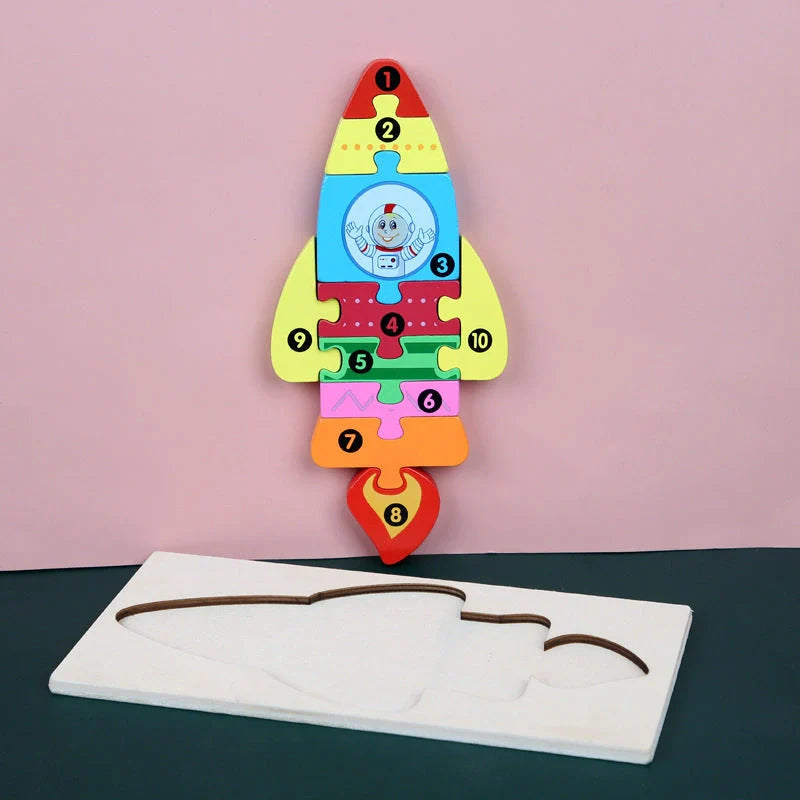 A charming wooden puzzle featuring a variety of cartoon animal designs, including a steamship, aircraft, dinosaur, and more.