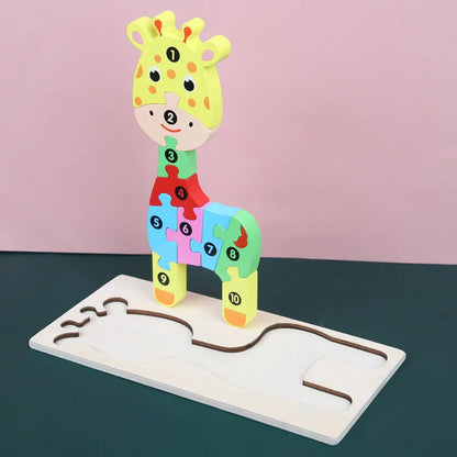 A charming wooden puzzle featuring a variety of cartoon animal designs, including a steamship, aircraft, dinosaur, and more.