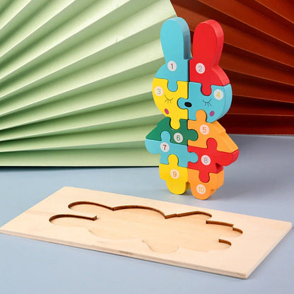 A charming wooden puzzle featuring a variety of cartoon animal designs, including a steamship, aircraft, dinosaur, and more.