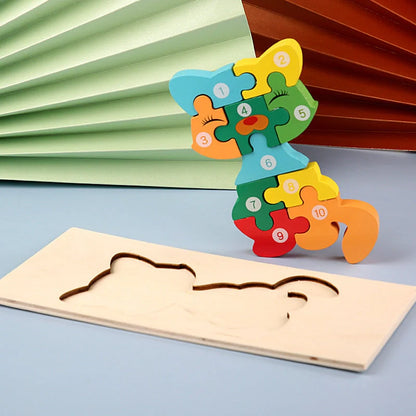 A charming wooden puzzle featuring a variety of cartoon animal designs, including a steamship, aircraft, dinosaur, and more.