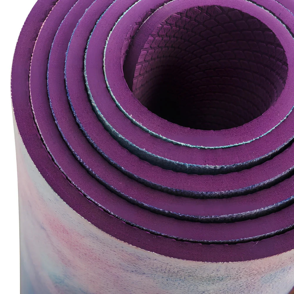 TPE yoga mat with tie-dyed pattern in purple or pink, 5mm thick with sublimation transfer design