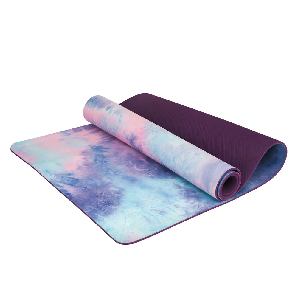 TPE yoga mat with tie-dyed pattern in purple or pink, 5mm thick with sublimation transfer design