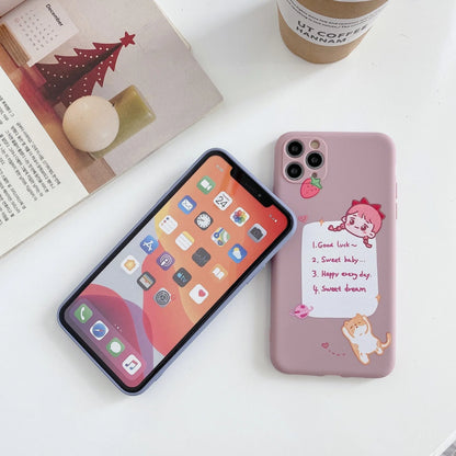 Blue frosted TPU iPhone case with a cartoon dinosaur print next to a pink case with a cat girl print.