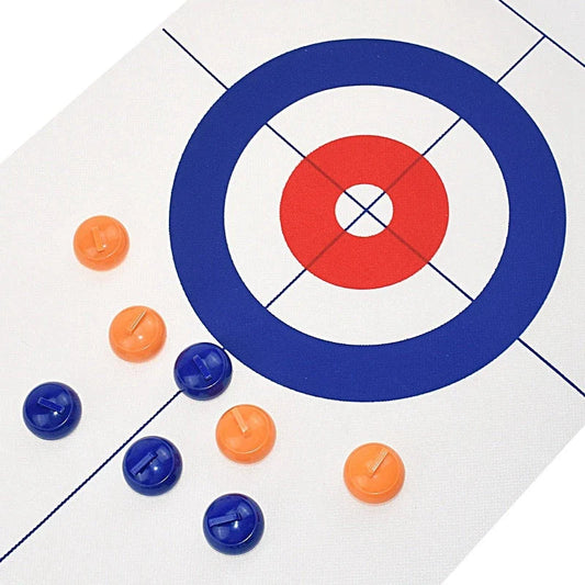 Collapsible bowling and curling game table with a smooth playing surface and 8 roller balls for interactive family gameplay