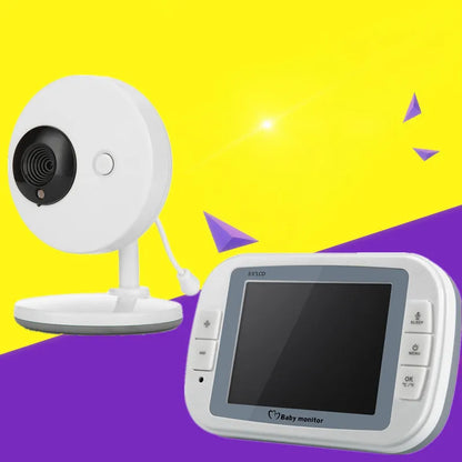 White wireless baby monitor with 3.5 inch display showing night vision nursery footage