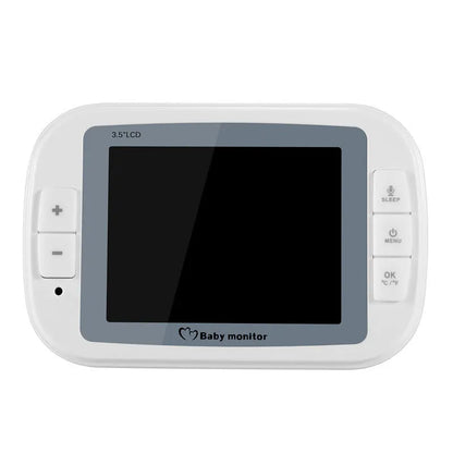White wireless baby monitor with 3.5 inch display showing night vision nursery footage