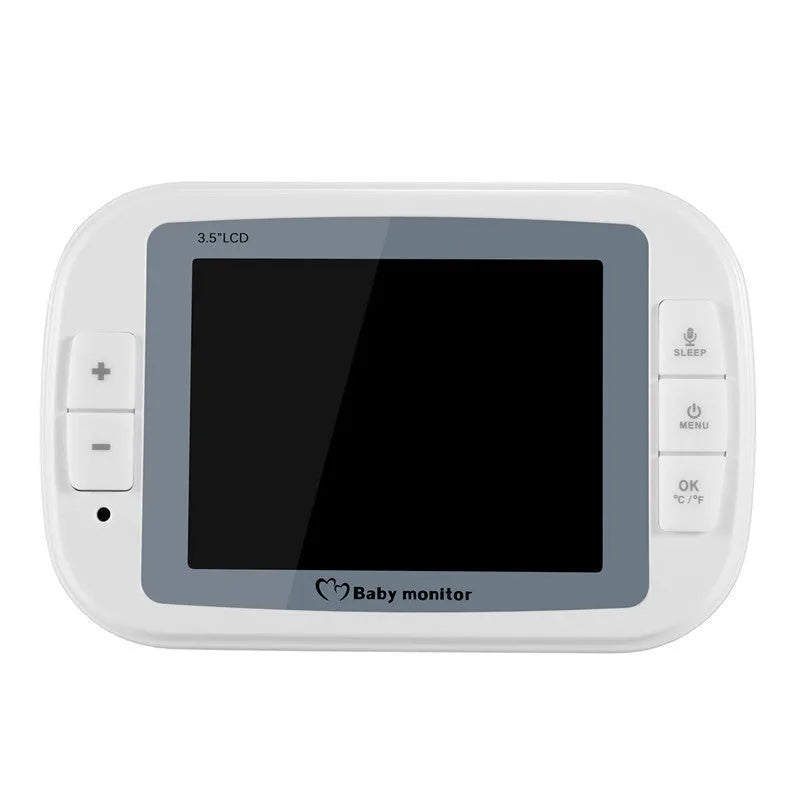 White wireless baby monitor with 3.5 inch display showing night vision nursery footage