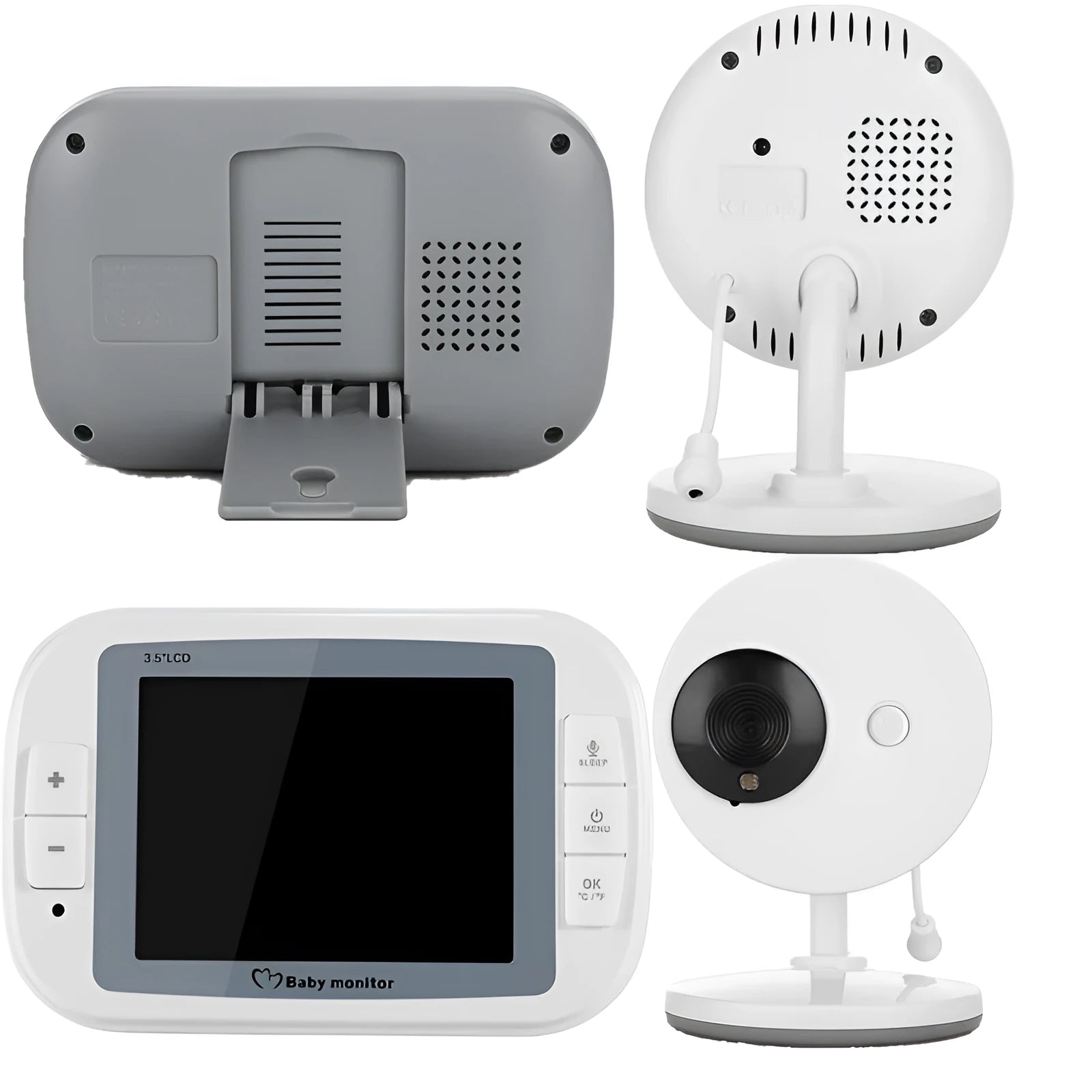 White wireless baby monitor with 3.5 inch display showing night vision nursery footage