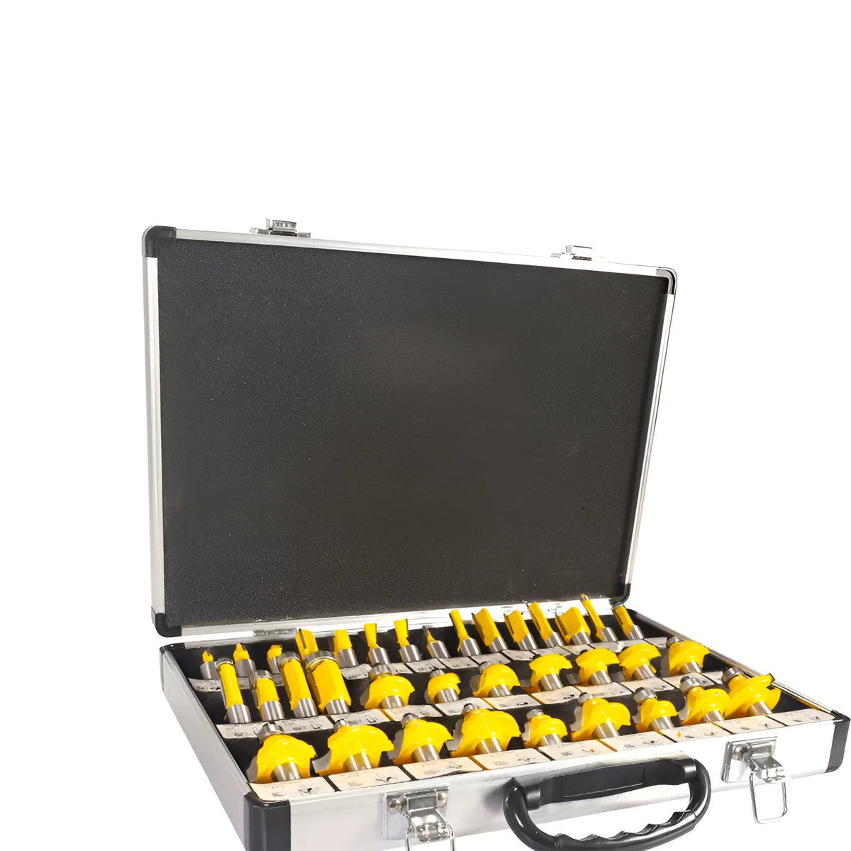 Woodworking milling cutter set with 35 bits and multiple handle configurations for side cutting