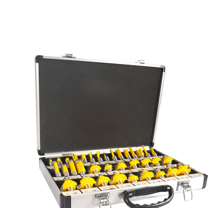 Woodworking milling cutter set with 35 bits and multiple handle configurations for side cutting