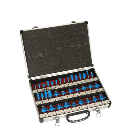 Woodworking milling cutter set with 35 bits and multiple handle configurations for side cutting