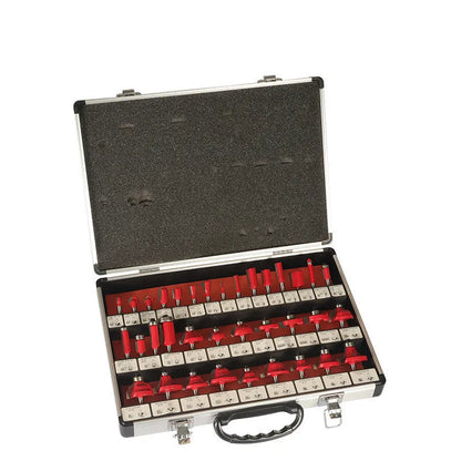 Woodworking milling cutter set with 35 bits and multiple handle configurations for side cutting