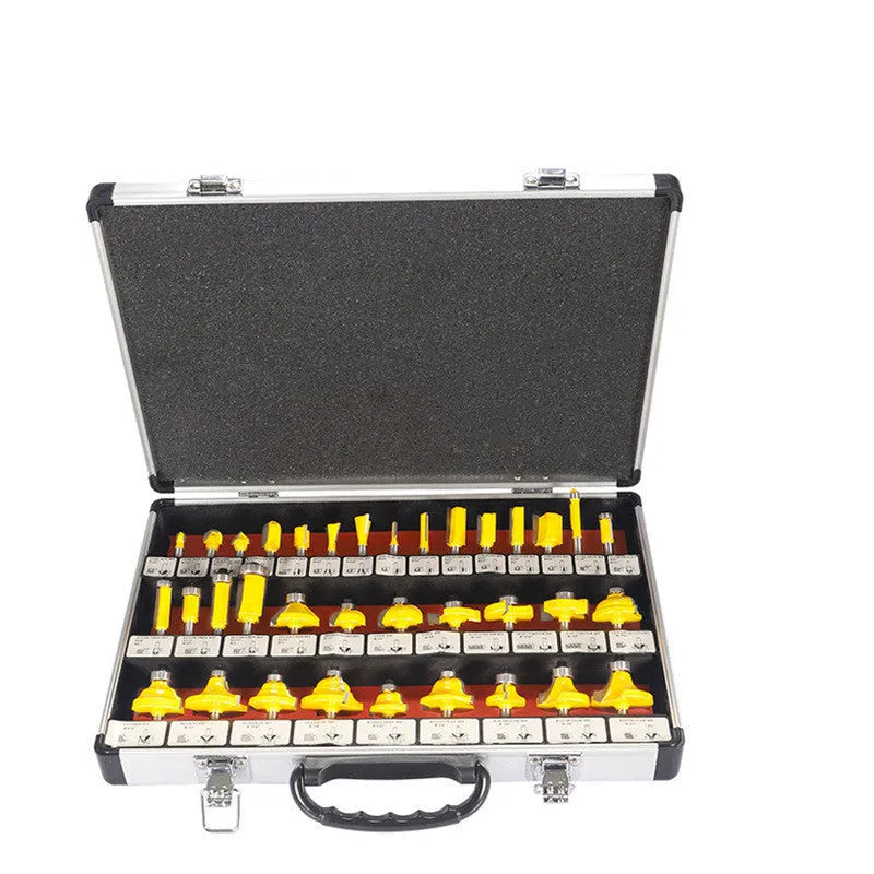 Woodworking milling cutter set with 35 bits and multiple handle configurations for side cutting