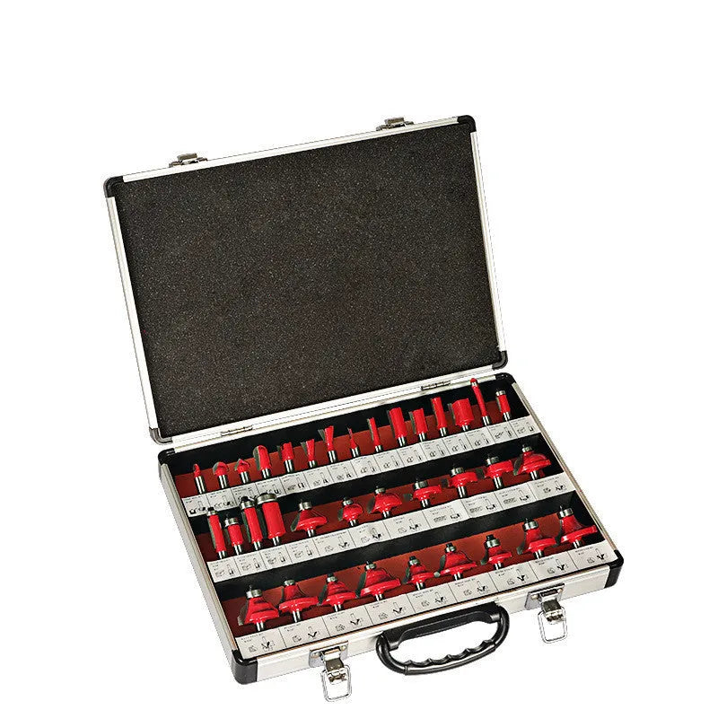 Woodworking milling cutter set with 35 bits and multiple handle configurations for side cutting