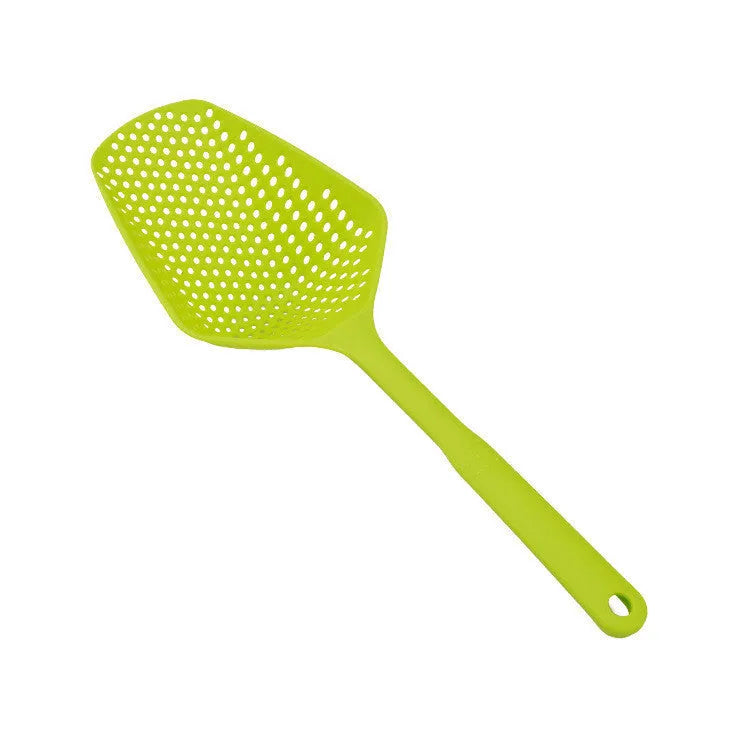 Large black nylon strainer scoop with long handle for draining food from hot pans in the kitchen.