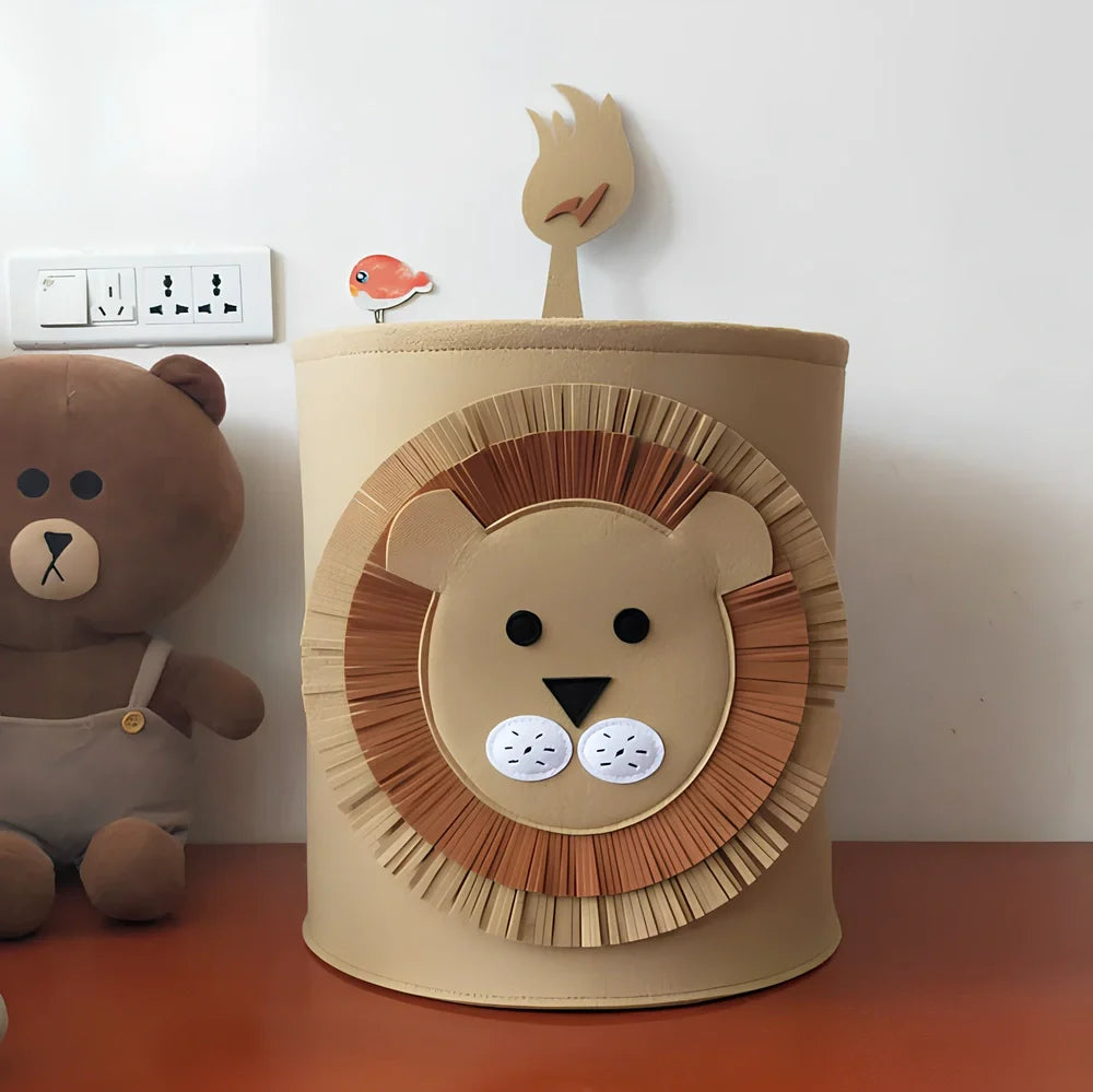 Cartoon elephant felt storage basket, 29cm diameter x 30cm height, lightweight toy organiser in grey with printed design