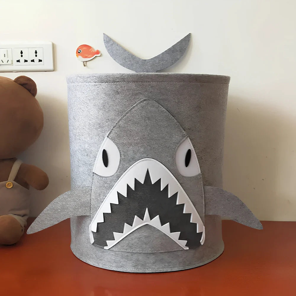 Cartoon elephant felt storage basket, 29cm diameter x 30cm height, lightweight toy organiser in grey with printed design