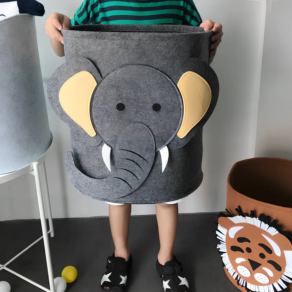 Cartoon elephant felt storage basket, 29cm diameter x 30cm height, lightweight toy organiser in grey with printed design