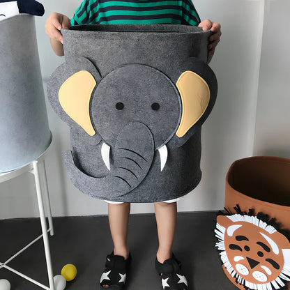 Cartoon elephant felt storage basket, 29cm diameter x 30cm height, lightweight toy organiser in grey with printed design