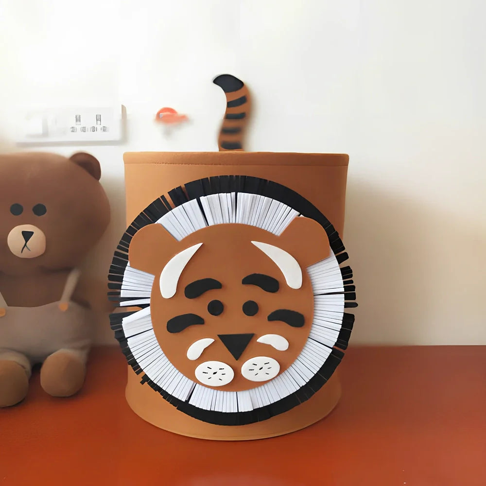 Cartoon elephant felt storage basket, 29cm diameter x 30cm height, lightweight toy organiser in grey with printed design
