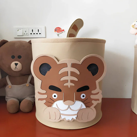 Cartoon elephant felt storage basket, 29cm diameter x 30cm height, lightweight toy organiser in grey with printed design