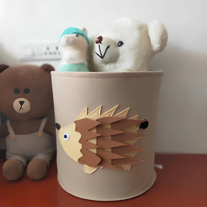 Cartoon elephant felt storage basket, 29cm diameter x 30cm height, lightweight toy organiser in grey with printed design