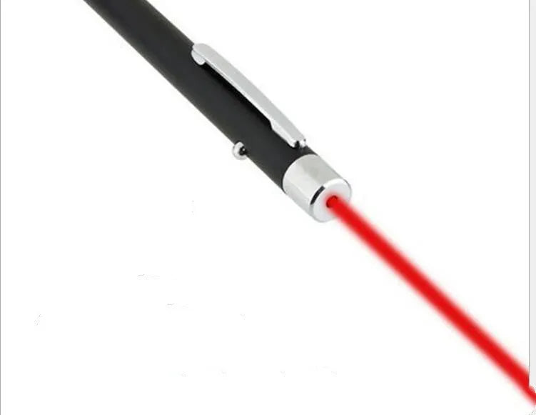 A black laser pointer pen on a white background, showing its slim 13.5cm length and button.