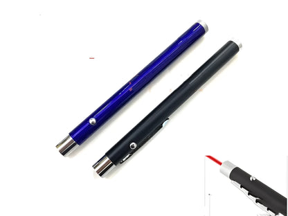A black laser pointer pen on a white background, showing its slim 13.5cm length and button.