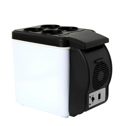 Portable 6-litre ABS plastic car refrigerator in grey, showing 12V plug and lid for cooling to 5℃