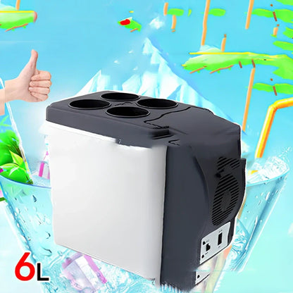 Portable 6-litre ABS plastic car refrigerator in grey, showing 12V plug and lid for cooling to 5℃