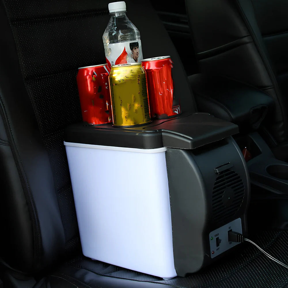 Portable 6-litre ABS plastic car refrigerator in grey, showing 12V plug and lid for cooling to 5℃