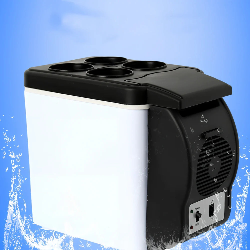 Portable 6-litre ABS plastic car refrigerator in grey, showing 12V plug and lid for cooling to 5℃