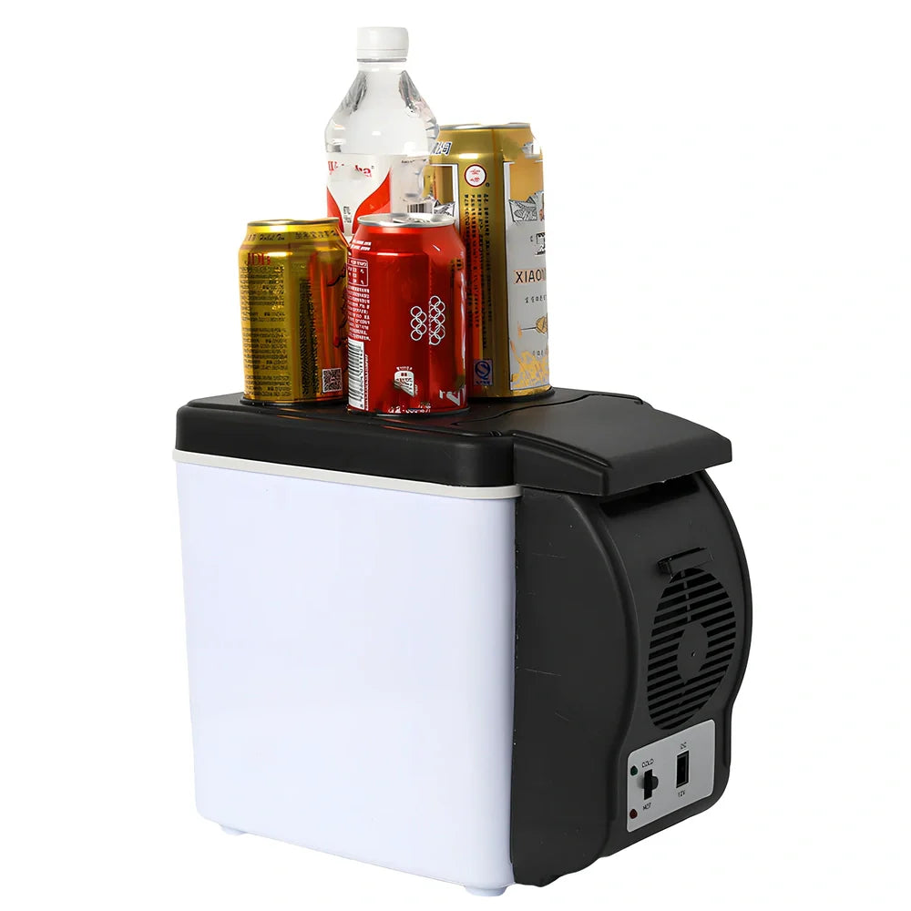 Portable 6-litre ABS plastic car refrigerator in grey, showing 12V plug and lid for cooling to 5℃