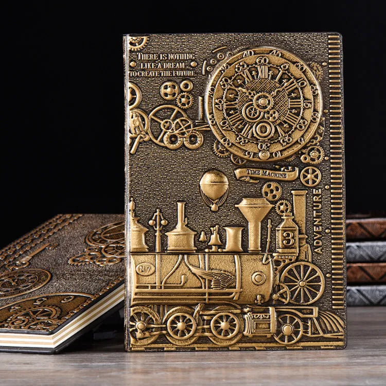 European Relief Retro Notepad Diary showing leather-mounted grey board cover with three-dimensional embossed design, measuring 21.5x14.5cm