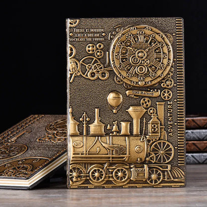 European Relief Retro Notepad Diary showing leather-mounted grey board cover with three-dimensional embossed design, measuring 21.5x14.5cm