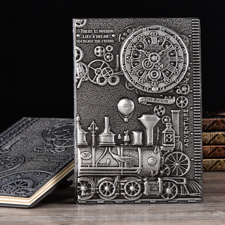European Relief Retro Notepad Diary showing leather-mounted grey board cover with three-dimensional embossed design, measuring 21.5x14.5cm