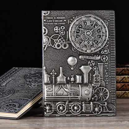 European Relief Retro Notepad Diary showing leather-mounted grey board cover with three-dimensional embossed design, measuring 21.5x14.5cm