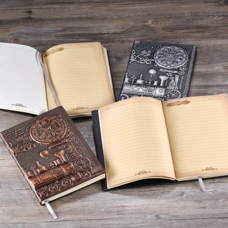 European Relief Retro Notepad Diary showing leather-mounted grey board cover with three-dimensional embossed design, measuring 21.5x14.5cm