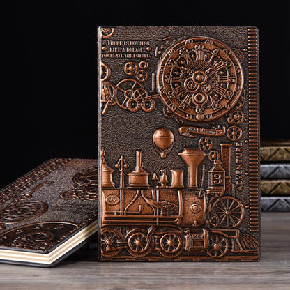 European Relief Retro Notepad Diary showing leather-mounted grey board cover with three-dimensional embossed design, measuring 21.5x14.5cm