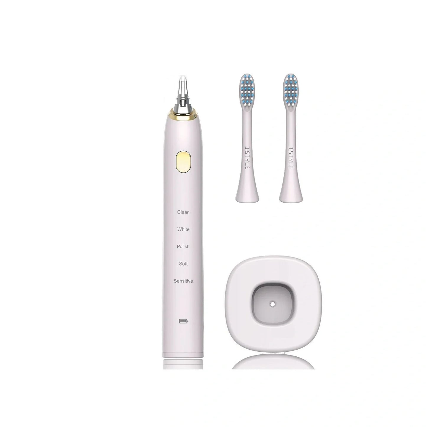 White waterproof electric toothbrush with inductive charging base and 5 nursing mode settings