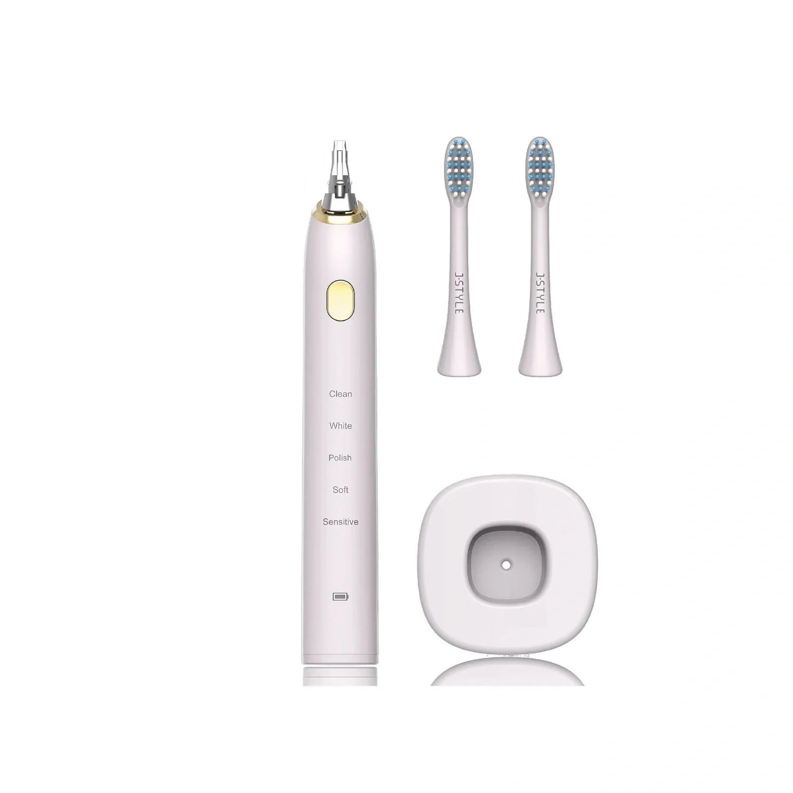 White waterproof electric toothbrush with inductive charging base and 5 nursing mode settings